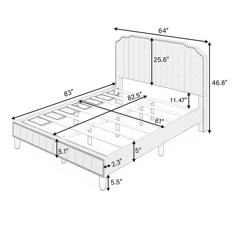 Modern Linen Curved Upholstered Platform Bed Solid Wood Frame Nailhead Trim (Queen)