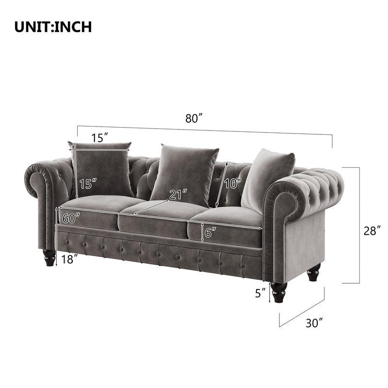 2 Pieces Chesterfield Sofa Set Button Tufted Velvet Upholstered Low Back Loveseat & 3 Seat Sofa Roll Arm Classic, 5 Pillows included,Wooden Legs