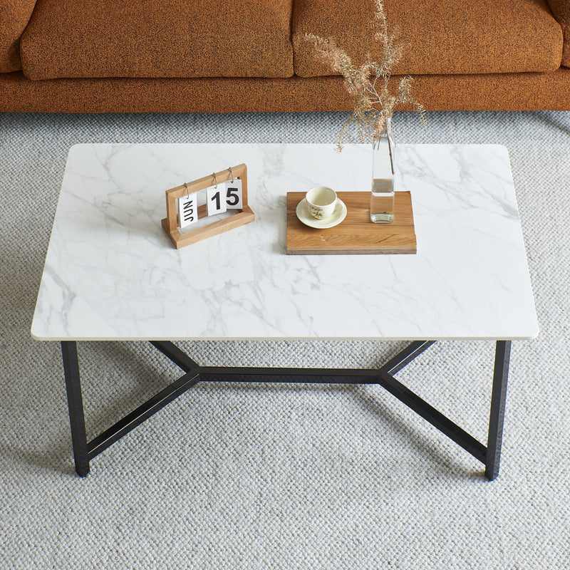 43.7" Sintered Stone Rectangle Coffee Table with Gold Carbon Steel Frame with Carrara White Marble Color Top